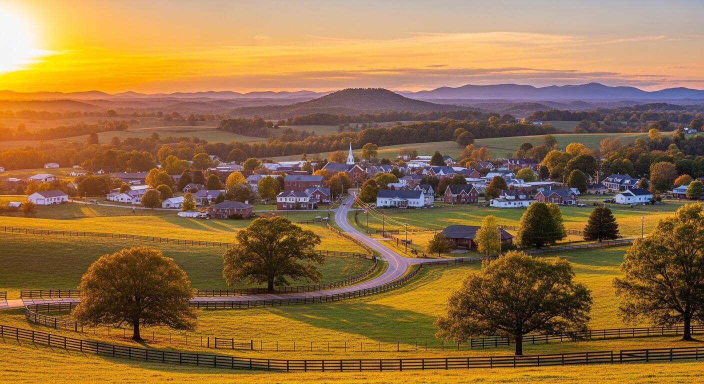 Scenic sunset view of the rolling hills and local architecture in Eagleville, TN